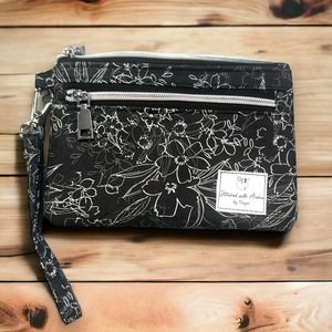 Floral White on Black Wristlet Purse Handmade